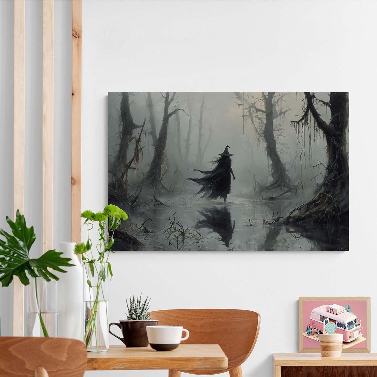 Vintage rustic swamp witch poster dark moody wall art gothic horror season halloween print for home decor retro dark moody painting28x40in Wood Framed