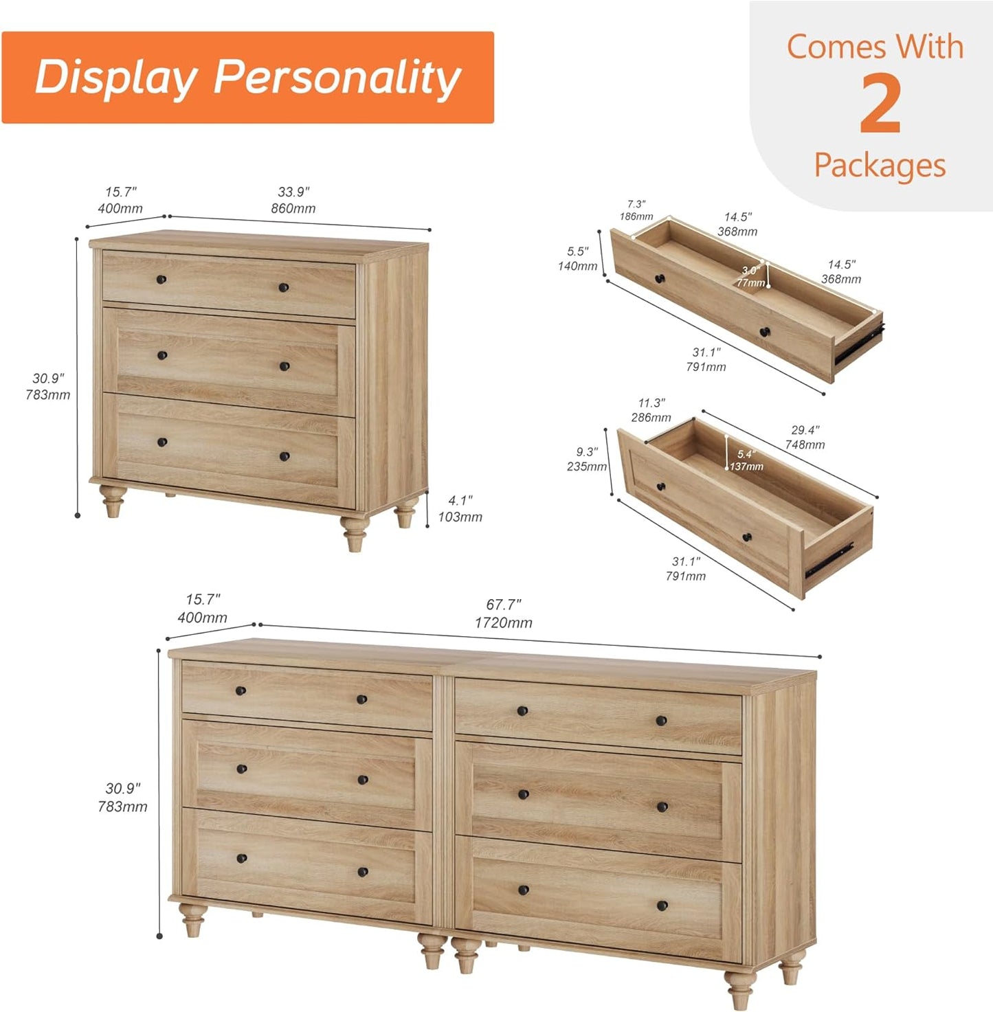 WAMPAT Kids Dresser for Bedroom with 6 Drawers, Oak Baby Dressers with Wide Chest of Drawers, Mid Century Modern Wooden Closet Storage Organizer, Large Wood Dressers for Living Room, Nursery, Hallway