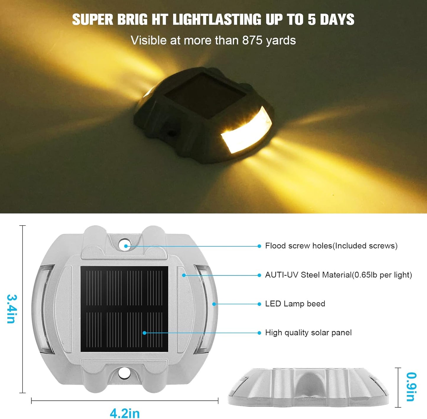 Solar Deck Lights Driveway Dock Lights, VOLISUN 8-Pack Led IP67 Waterproof Outdoor Warning Step Lights for Driveway Sidewalk Garden Pathway Yard(Warm White)