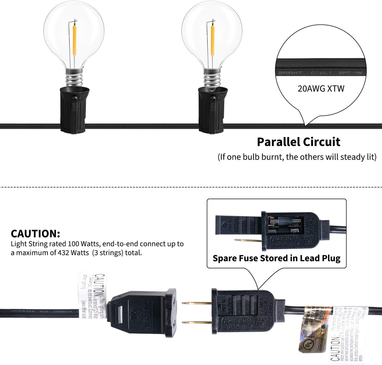 LED G40 Outdoor String Lights Patio Lights 100FT with 104 LED Shatterproof Bulbs, Weatherproof Commercial Hanging Lights for Backyard Bistro Pergola Party Decor, E12 Socket Base, 2200K, Black
