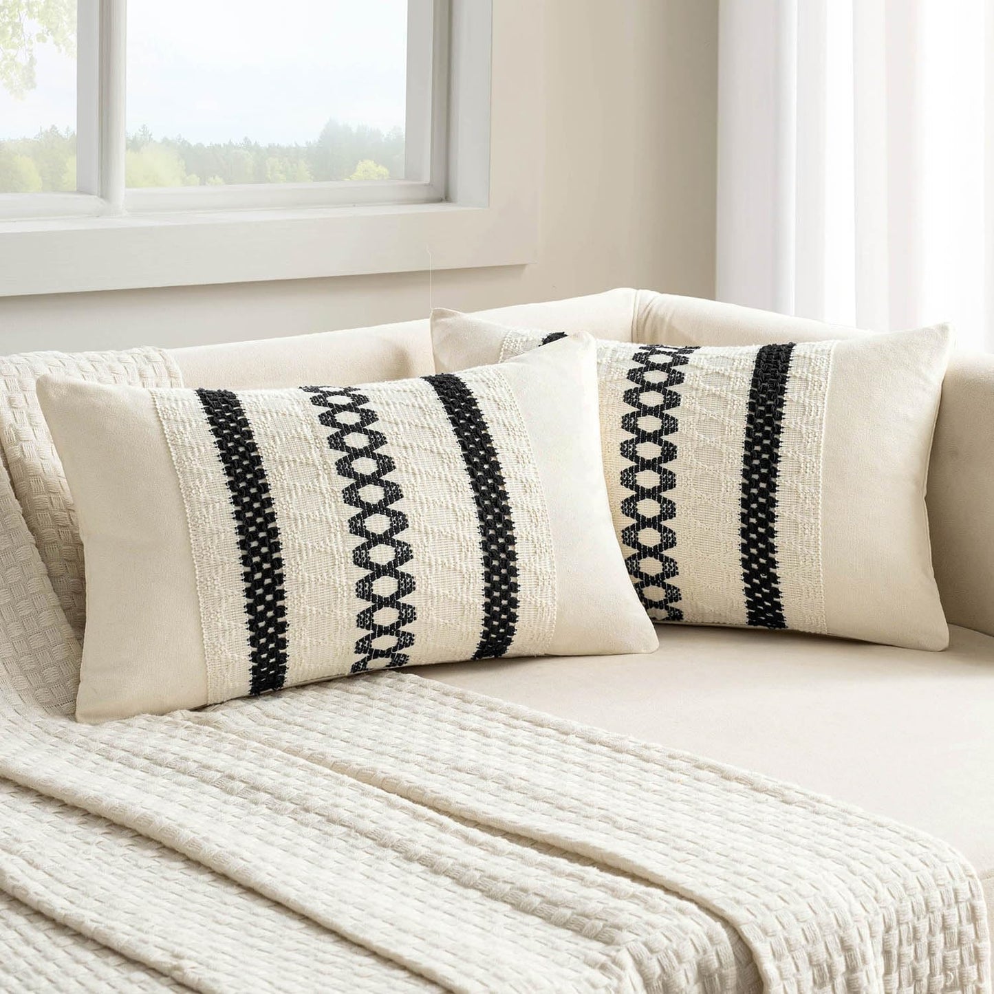 MIULEE Set of 2 Black Boho Decorative Lumbar Pillow Covers 12x20 Inch Farmhouse Rustic Couch Throw Pillows Modern Cotton Cushion Covers Retro Cute Macrame Woven Home Decor for Bed Sofa Chair