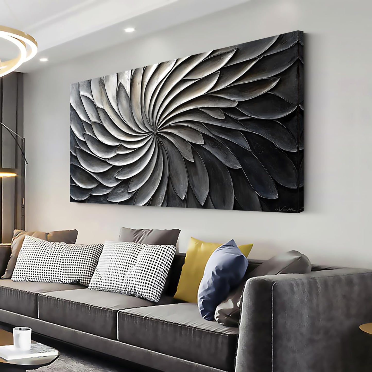 LASMOND Abstract Black and White Wall Art for Living Room Modern Canvas Print Painting Lines Flower Floral Large Artwork Bedroom Home Office Wall Décor (40x20 Inches)