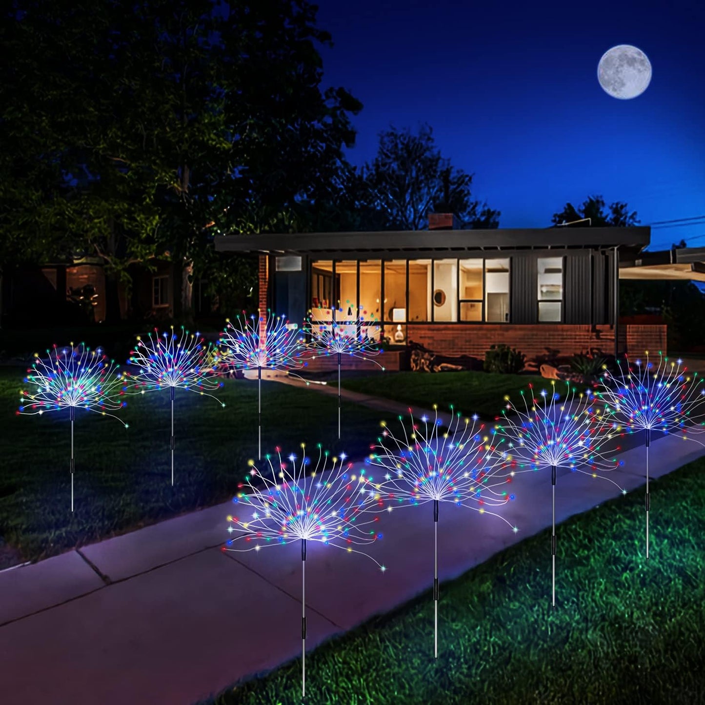 Outdoor Solar Garden Lights, 4 Pack 120 LED Copper Wire Waterproof Garden Fireworks Lamp with Remote, 8 Modes Decorative Sparkles Stake Landscape Light for Pathway Lawn Decor (Colorful)