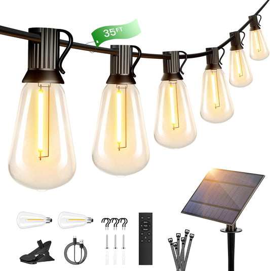 OHLUX 35FT Solar Globe String Lights Outdoor, Waterproof Solar Patio Lights with Remote, 17 Shatterproof ST38 LED Filament Bulbs, 2200K Soft White, Dimmable Edison Hanging Lights for Gazebo, Deck