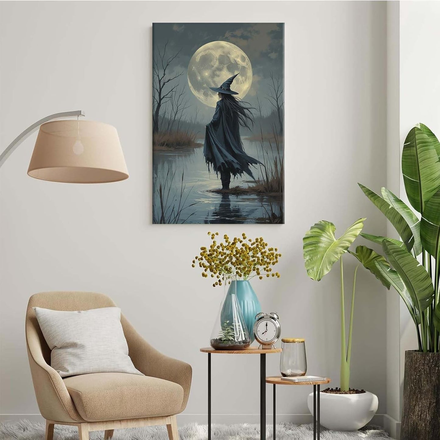 JFHCQJPK Witch in the moonlight magic canvas wall art enchanting Halloween home decor swamp witch silhouette oil painting mysterious gothic aesthetic wall decor print poster28x40in Frameless