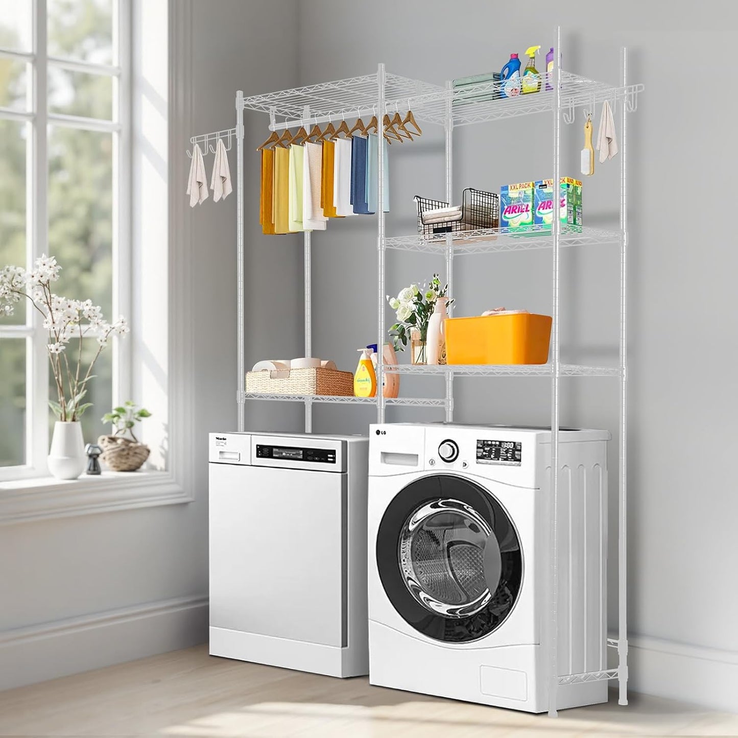 VEVOR Over The Washer and Dryer Storage Shelf, 5 Tier Laundry Room Drying Rack with Hanger Rod and Hooks, Adjustable Over Washer and Dryer Shelves, Laundry Room Shelf Storage Space Saver, White