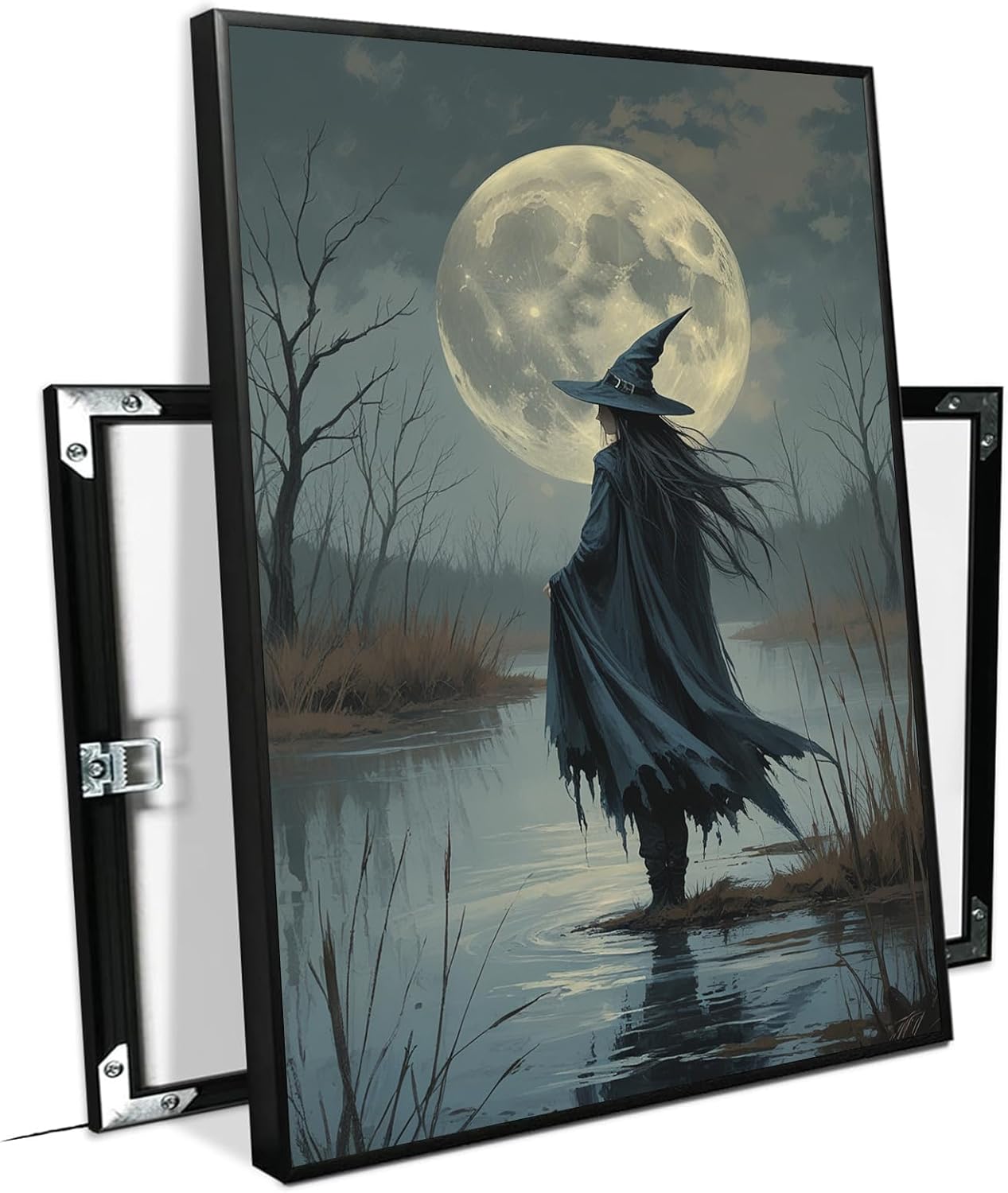JFHCQJPK Witch in the moonlight magic canvas wall art enchanting Halloween home decor swamp witch silhouette oil painting mysterious gothic aesthetic wall decor print poster24x36in Metal blackFramed
