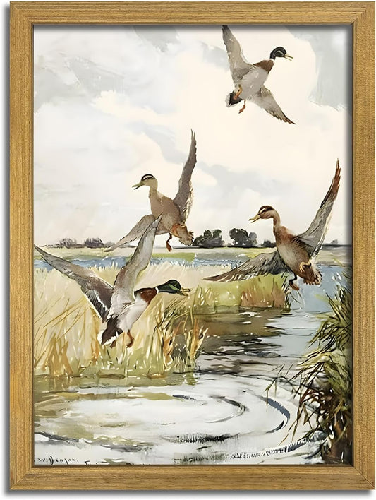 Framed Vintage Duck Wall Art Print, Rustic Mallard Watercolor Canvas Poster Wall Decor, Country Wildlife Bird Illustration for Farmhouse Living Room Kitchen Bedroom Decor 8x10 Inch