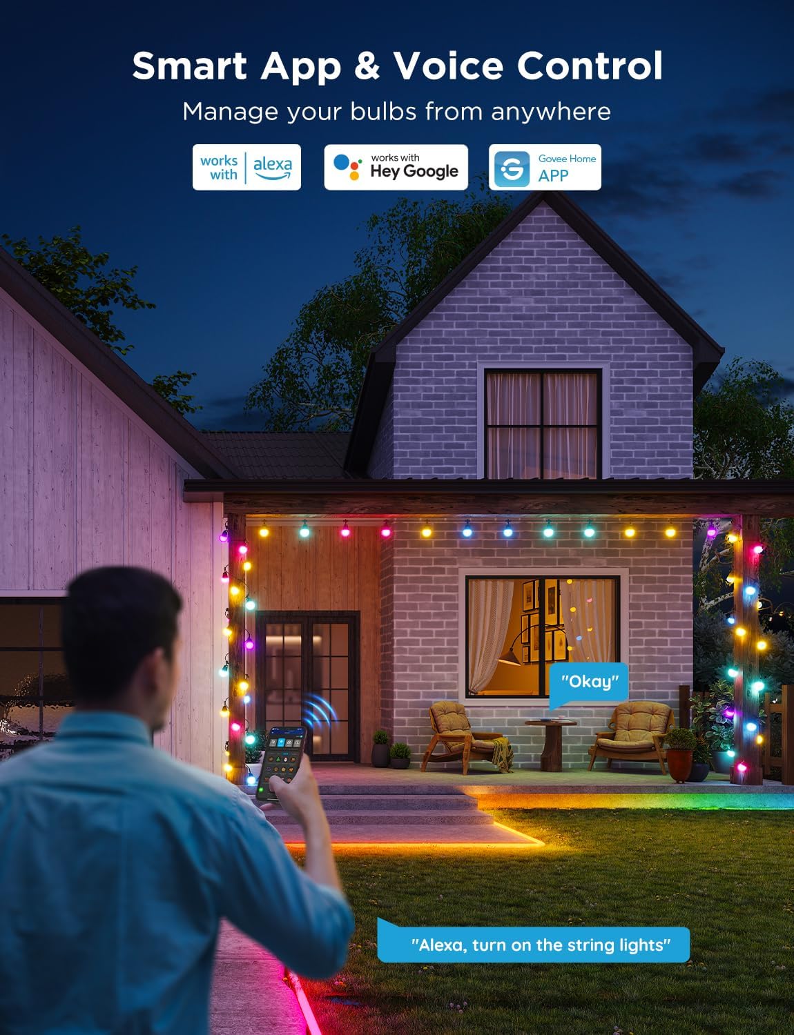 Govee Smart Outdoor String Lights 2, 48ft Outdoor Lights with Dimmable Warm White LED Bulbs, 47 Scene Modes for Patio, Backyard, Balcony, IP65 Waterproof, Works with Alexa, App Control
