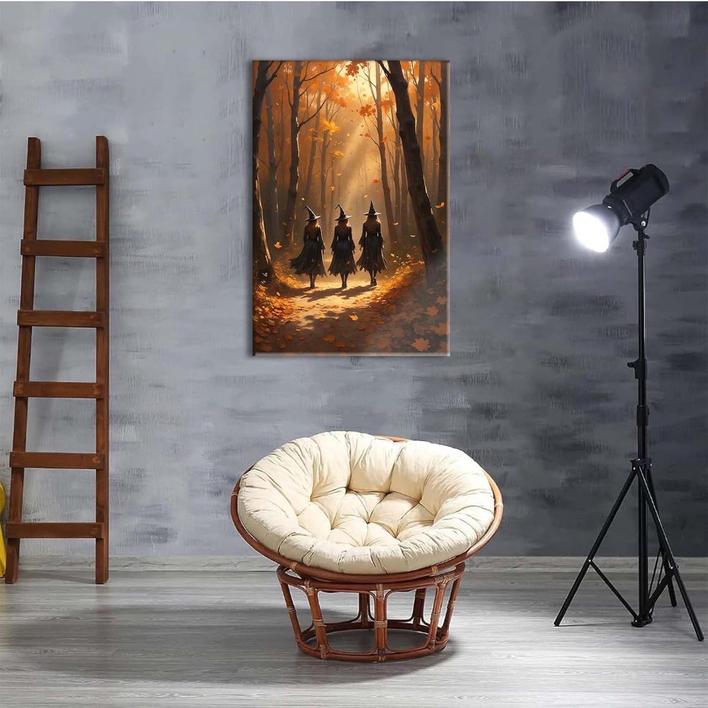 Three witches walking in the forest in autumn canvas painting gothic poster halloween print country witch wall art for home decoration24x36in Wood Framed