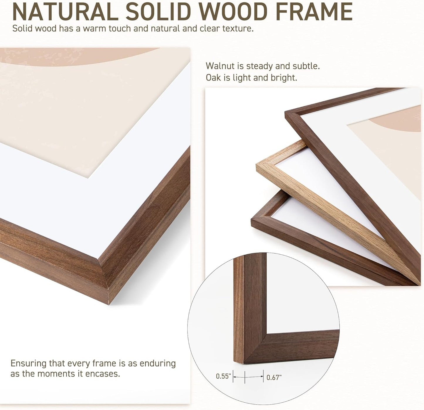 16x16 Picture Frame Set of 4 Natural Solid Walnut Photo Frames with 12x12 Removable Mat Wall Hanging Large Handcrafted Frame with HD Plexiglass Wall and Tabletop Display Large Poster Frame