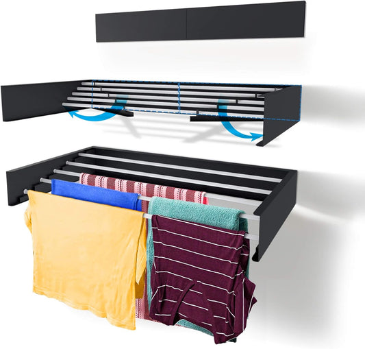 Step Up Laundry Drying Rack (28-INCH Industrial Gray), Wall Mounted, Retractable Clothes Drying Rack, 40lbs Capacity, 11.6 Linear Ft, with Wall Template and Long Screwdriver Bit