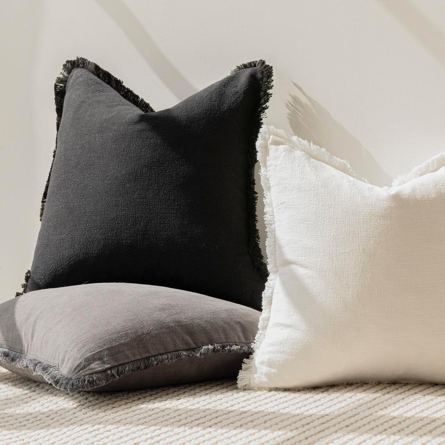 Foindtower Set of 2 Decorative Linen Fringe Throw Pillow Covers Boho Farmhouse Cushion Cover with Tassels Lumbar Accent Pillowcase for Bed Couch Sofa Living Room Home Bedroom Decor, 12×24 Inch, Black