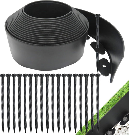Landscape Edging Border, no dig,Plastic Edging for Landscaping, Garden Edging Border,Lawn Edging,Garden Borders no dig,Flower Bed Edging (Plastic Stakes, Black-70Feet-Tall Wall)
