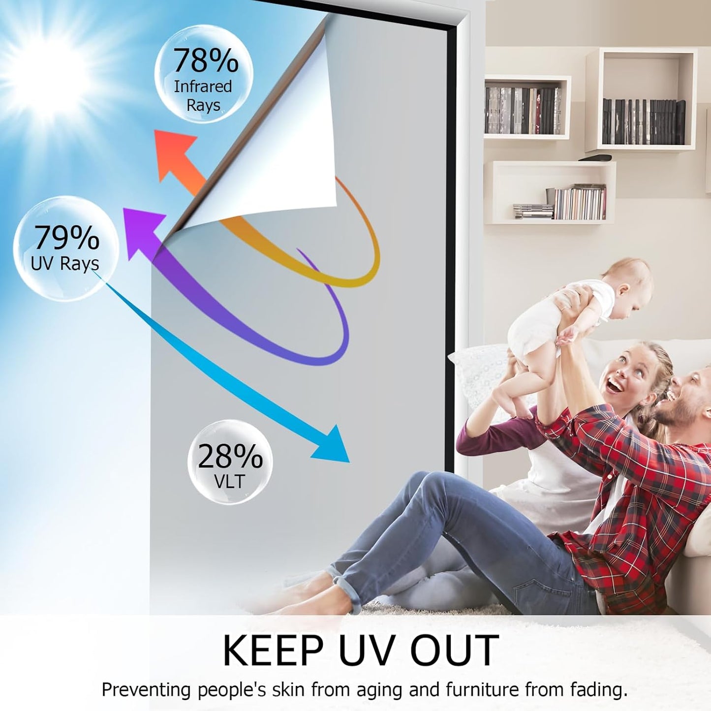 HIDBEA One Way Privacy Window Film, Daytime Privacy Sun Blocking Anti UV Reflective Window Film Heat Control Static Cling Window Tint Film for Home and Office, Silver, 23.6 x 157.5 Inch