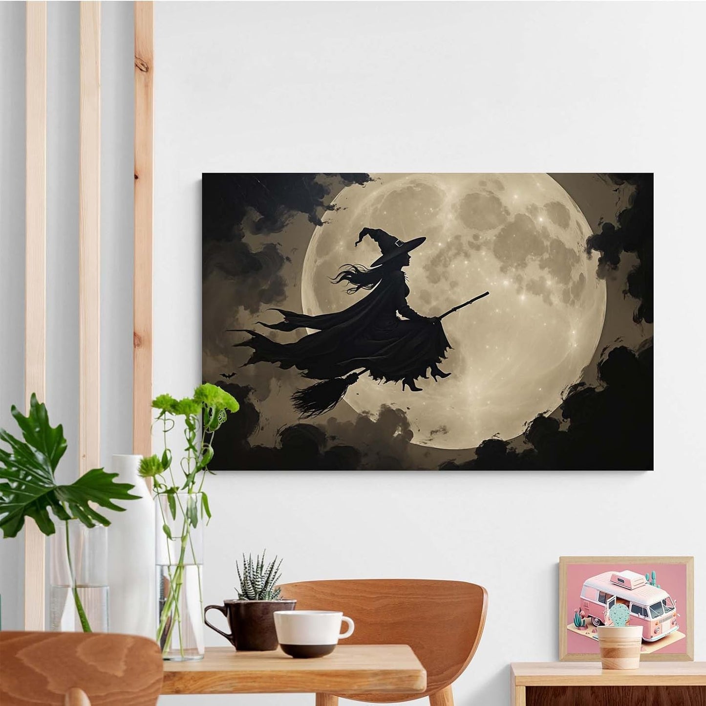 JFHCQJPK Full moon witch silhouette poster witch on magic broom Halloween mural poster decorative mural art suitable for home living room bedroom28x40in Frameless
