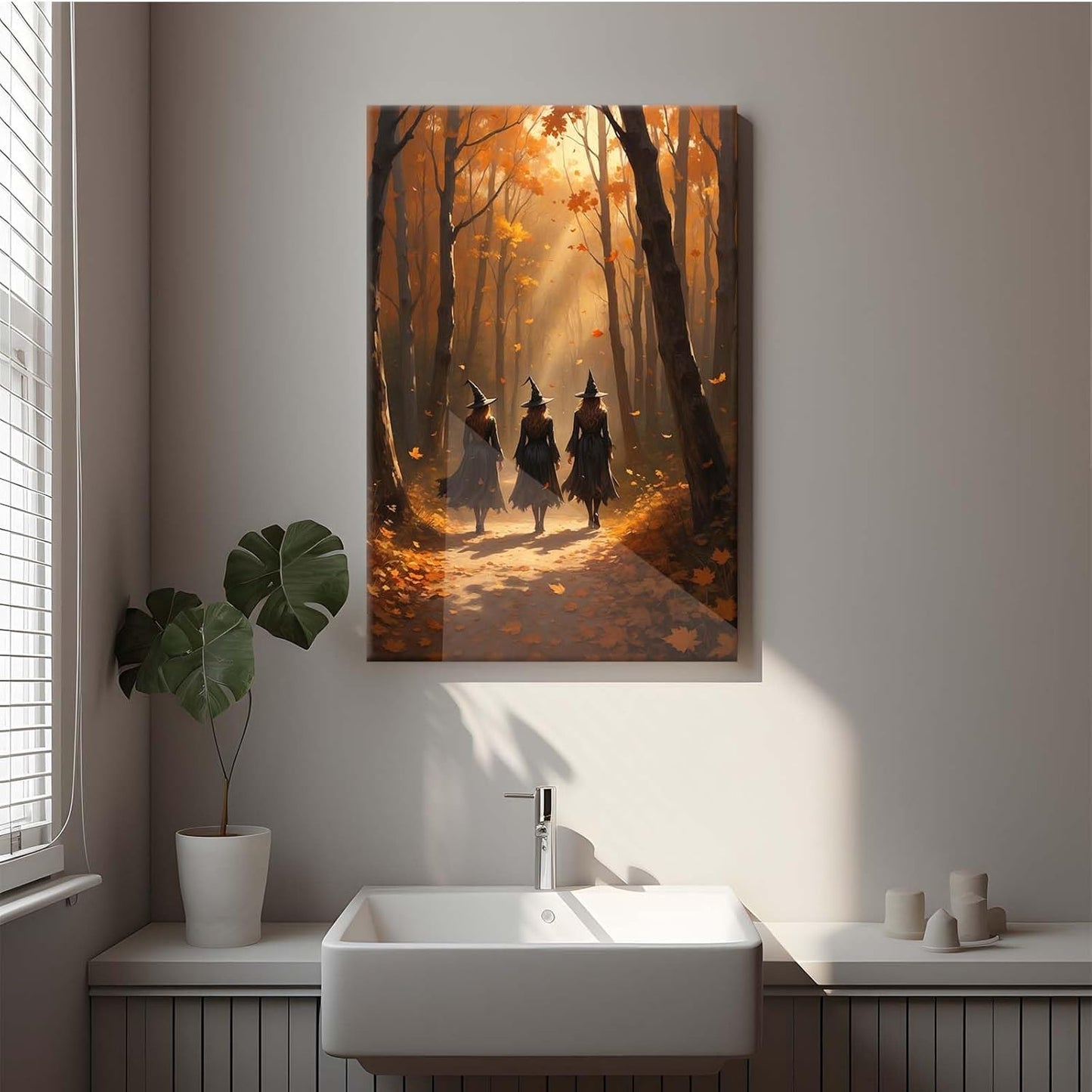 JFHCQJPK Three witches walking in the forest in autumn canvas painting gothic poster halloween print country witch wall art for home decoration8x12in Frameless