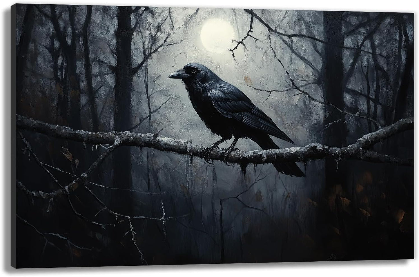 OAAPITI Crow Canvas Wall Art Black Crow Stand On The Branch Picture Print Moonlit Night Poster Vintage Forest Landscape Painting Artwork Living Room Halloween Decor(Artwork-1,28"x42")