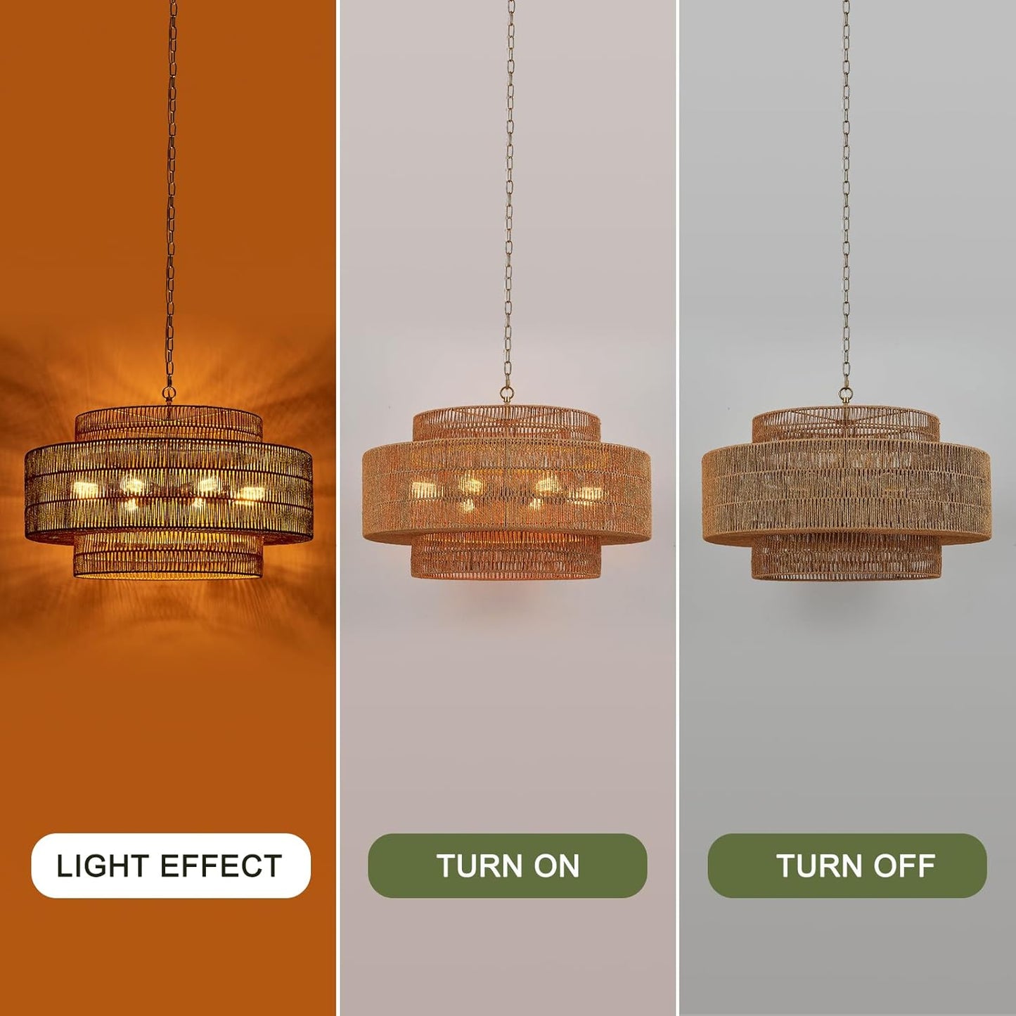 30” Large Rattan Chandelier Light Fixture 8-Light Vintage Farmhouse Hand-Woven Boho Bamboo Rattan Chandelier 3-Tier Drum Wicker Gold Chandeliers for Dining Room, Kitchen, Living Room