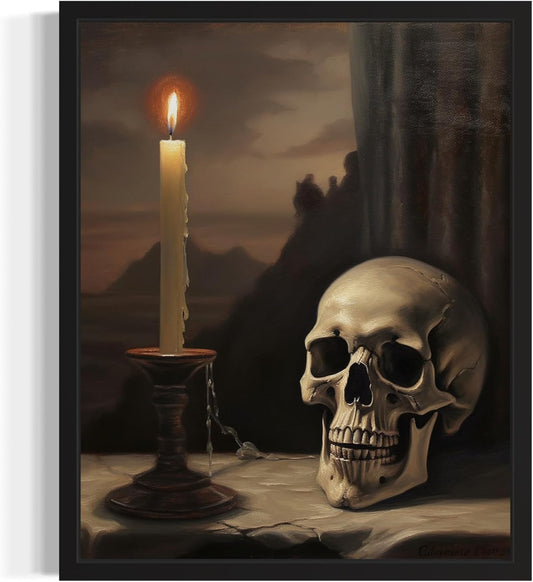 Skull and Candle Poster Art Print, Halloween Scary Vintage Wall Art Academia Spooky Painting Decoration for Horror Prints, Gothic Posters Bedroom Decor 89 (Skull and Candle, 8 x 10 inches, Unframed)