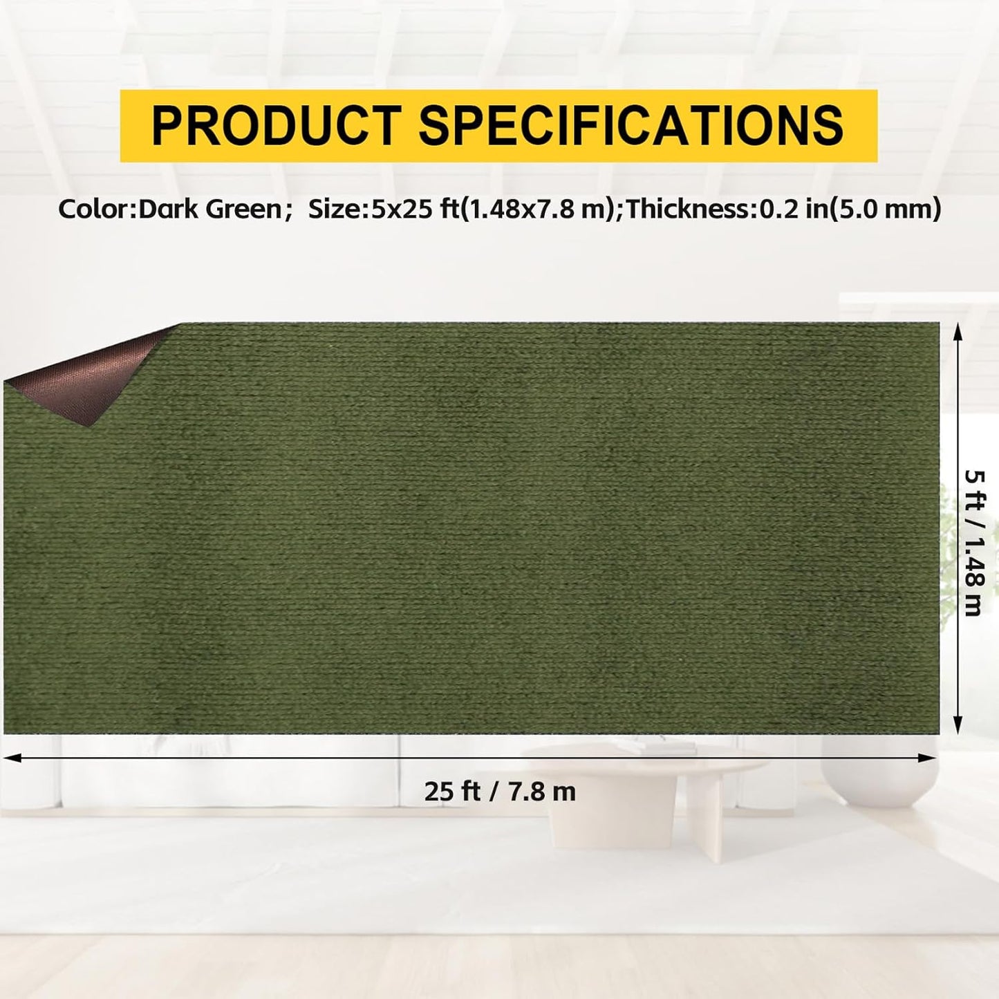 Marine Carpet,5 FT x 25 FT Olive Green Indoor Outdoor Carpet 0.2" Thick with Water-Proof TPE Backing, Non-Slide for Home, Patio, Porch, Deck