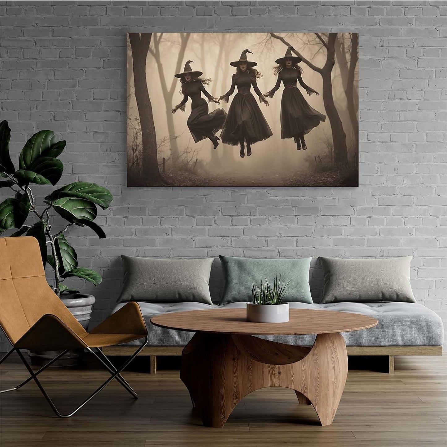 JFHCQJPK Three ghost witches flying in vintage forest gothic wall art witchcraft decoration holiday gift canvas wall art print16x24in Frameless