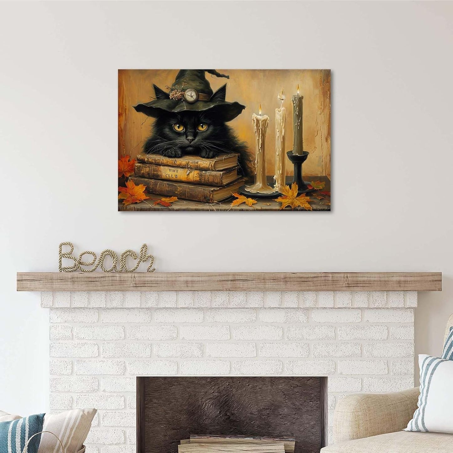 Vintage Halloween wall decoration black cat and magic book suitable for home bedroom living room decoration dark classic art witch wall decoration8x12in Wood Framed