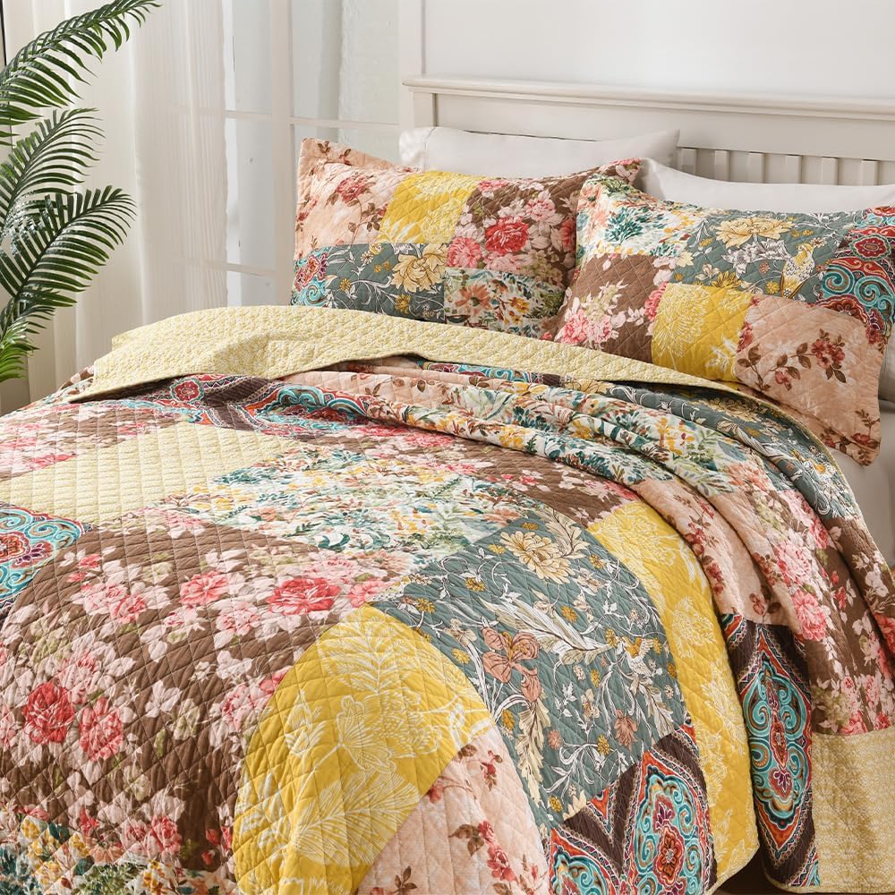 Autumn Dream Cotton Bedspread Quilt Sets Reversible Bedding Coverlet Sets, Luxury Vintage Floral Patchwork Yellow Bedspread,Queen Size