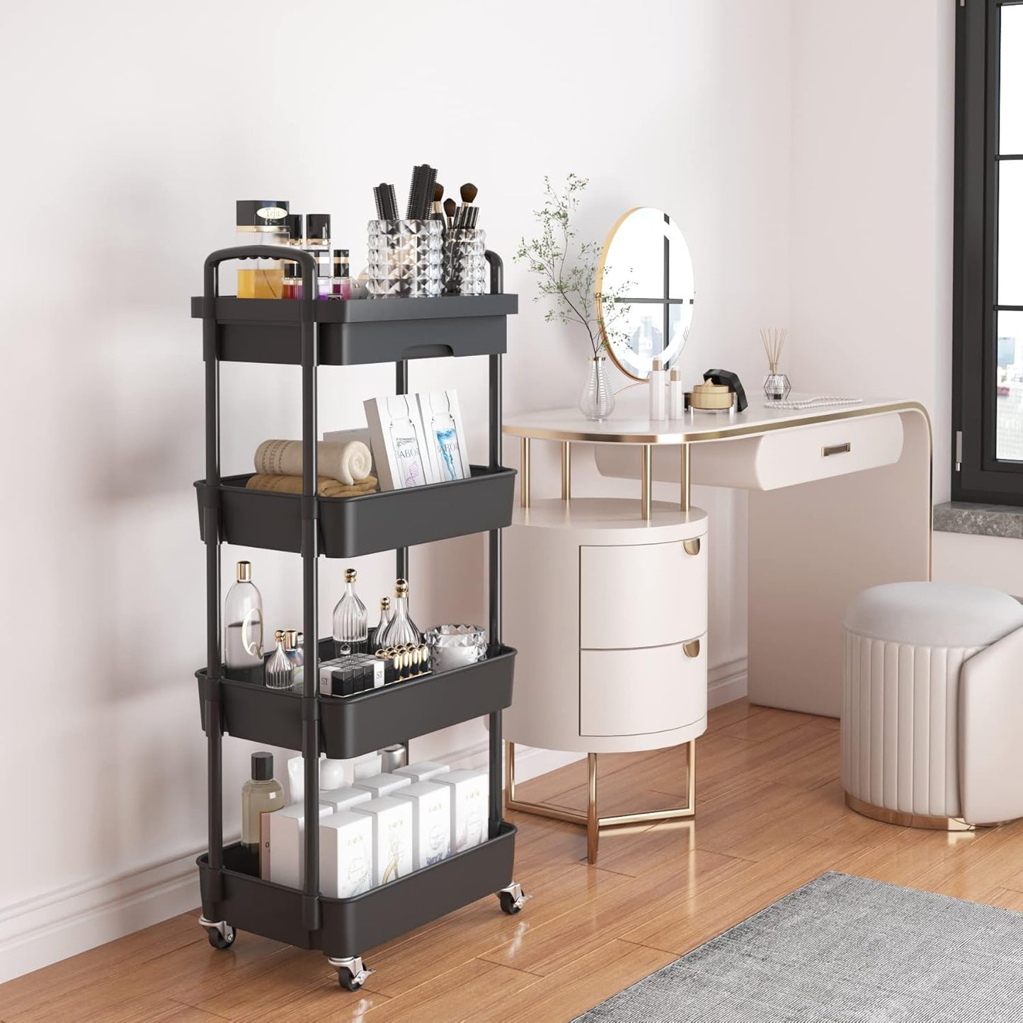 Calmootey 4-Tier Rolling Utility Cart with Drawer,Multifunctional Storage Organizer with Plastic Shelf & Metal Wheel,Storage Cart for Kitchen,Bathroom,Living Room,Office,Black