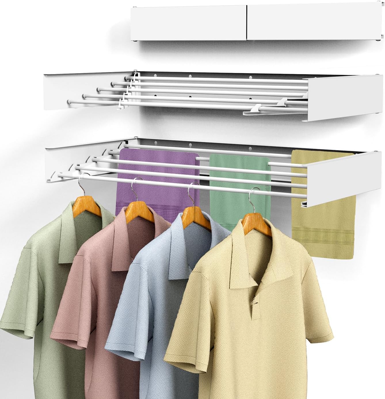 Laundry Drying Rack, Collapsible Wall Mounted Clothes Drying Rack - Drying Rack Clothing Foldable,Space Saving, 31.5" Wide, 13.2 Linear Ft, 5 Aluminum Rods, 60 lb Capacity (White, 31.5")