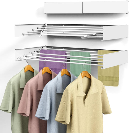 Laundry Drying Rack, Collapsible Wall Mounted Clothes Drying Rack - Drying Rack Clothing Foldable,Space Saving, 31.5" Wide, 13.2 Linear Ft, 5 Aluminum Rods, 60 lb Capacity (White, 31.5")