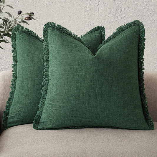 Foindtower Set of 2 Decorative Linen Fringe Throw Pillow Covers Cozy Boho Farmhouse Cushion Cover with Tassels Soft Accent Pillowcase for Couch Sofa Bed Living Room Home Decor, 20×20 Inch, Pine Green