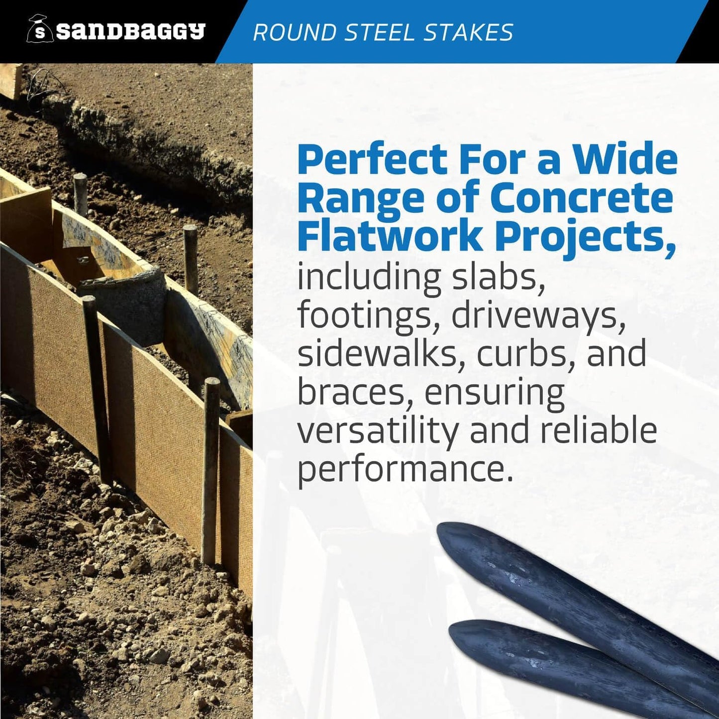 Sandbaggy Round Steel Concrete Form Stakes with Nail Holes - Rust Resistant Coating - Removable, Reusable (80, 3/4 in X 12 in)