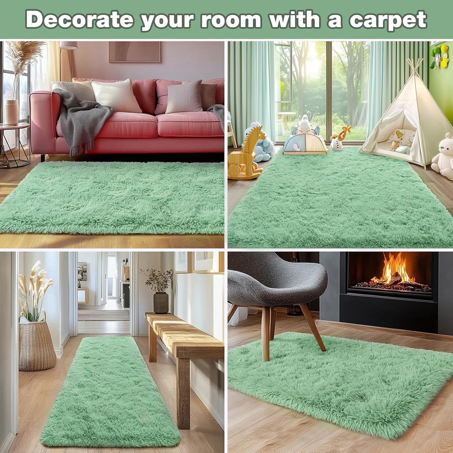 Rezutan Fluffy Rug for Living Room Bedroom, Large Comfy Modern Shaggy Fuzzy Kids, Plush Indoor Nursery Classroom Home Decor Bedside Rug with Non-Slip Bottom, Sage Green, 5X7 Feet
