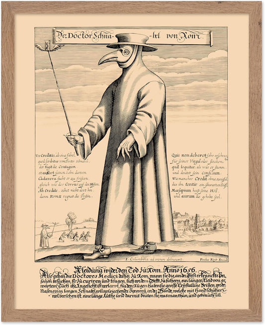 Poster Master Vintage Medieval Poster - Retro Illustration Print - Gift for Friend - Plague Doctor, Pandemic Mask, Physician, Black Death - Wall Decor for Home, Living Room, 16x20 Beige Framed