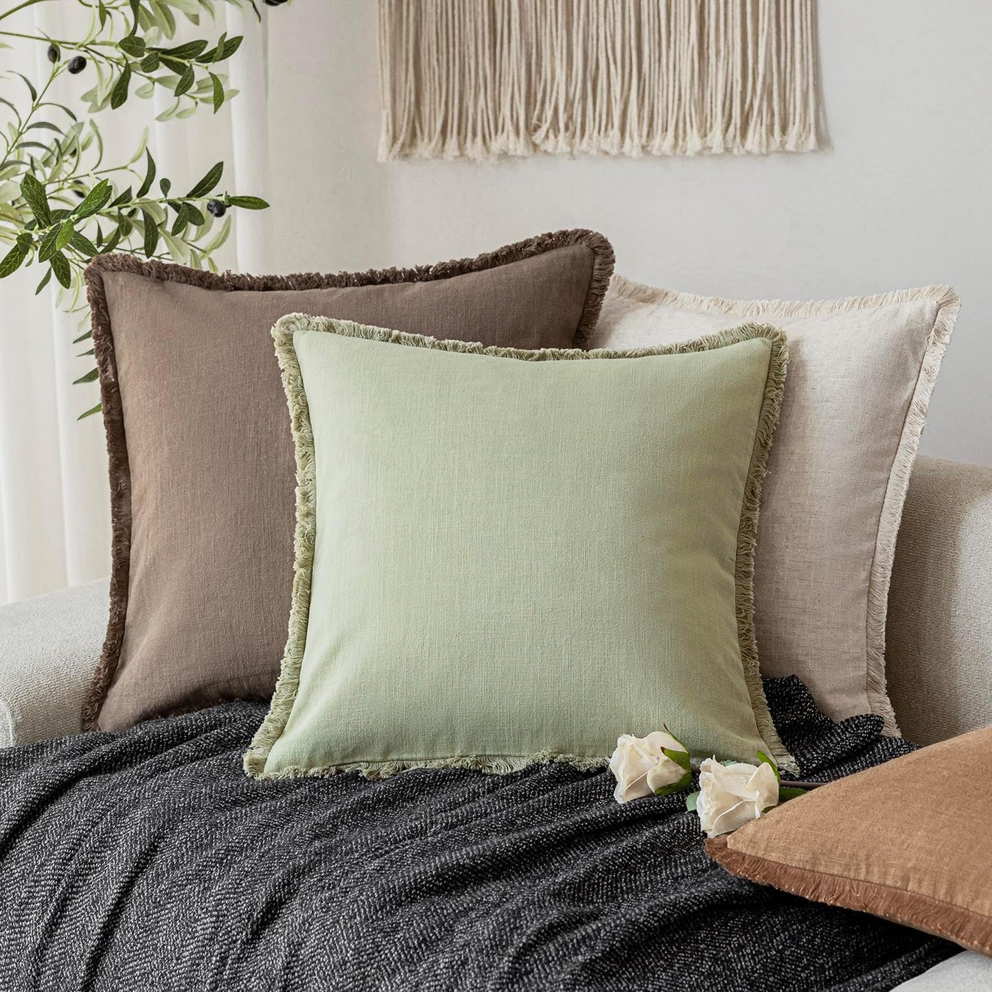 Foindtower Set of 2 Decorative Linen Fringe Throw Pillow Covers Boho Farmhouse Cushion Cover with Tassels Soft Accent Pillowcase for Couch Sofa Bed Living Room Home Decor,24×24 Inch,Light Sage Green