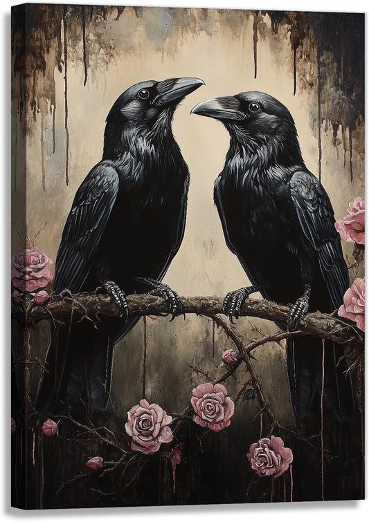 OAAPITI Crow Canvas Wall Art Black Raven Picture Print Pink Rose Poster Vintage Gothic Painting Artwork for Living Room Halloween Decor(Artwork-6,16"x24")