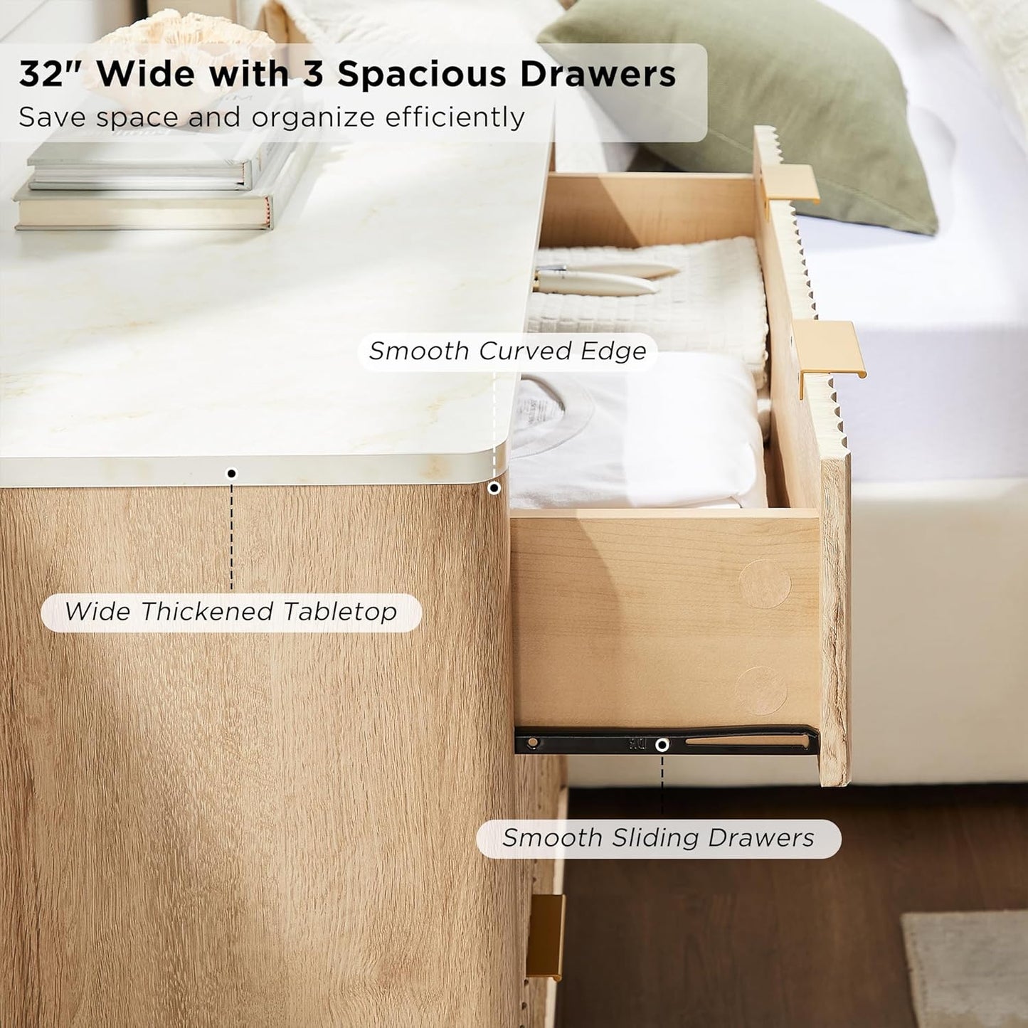T4TREAM 32" Tall Fluted Nightstand, Modern Side Table with Faux Marble Top, 3 Drawers End Table w/Storage, Bedside Table for Bedroom, Living Room, Curved Profile Design, Natural Oak
