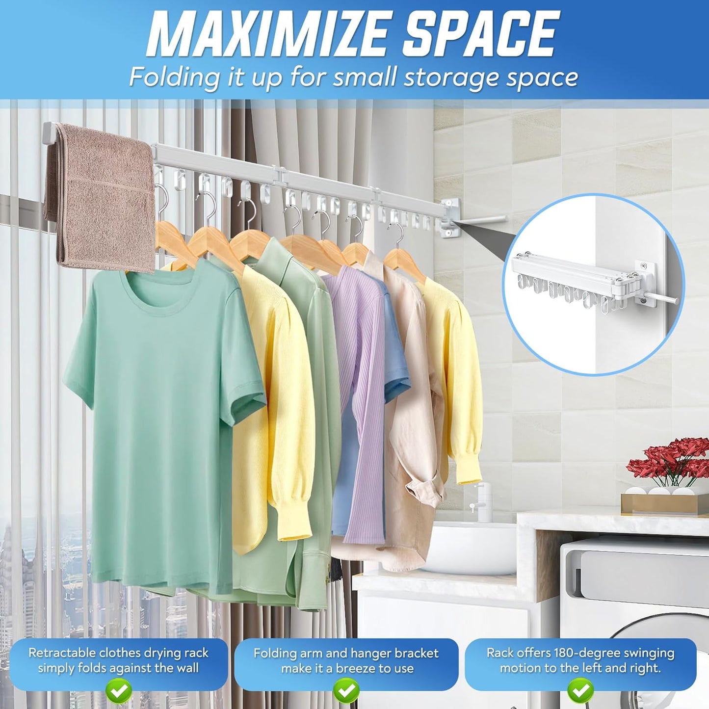 Clothes Drying Rack Wall Mounted Foldable, Retractable & Collapsible(Tri-Fold) Space-Saving Laundry Drying Rack for Indoor & Outdoor Use - Laundry Rooms, Bathroom & Balconies (White)