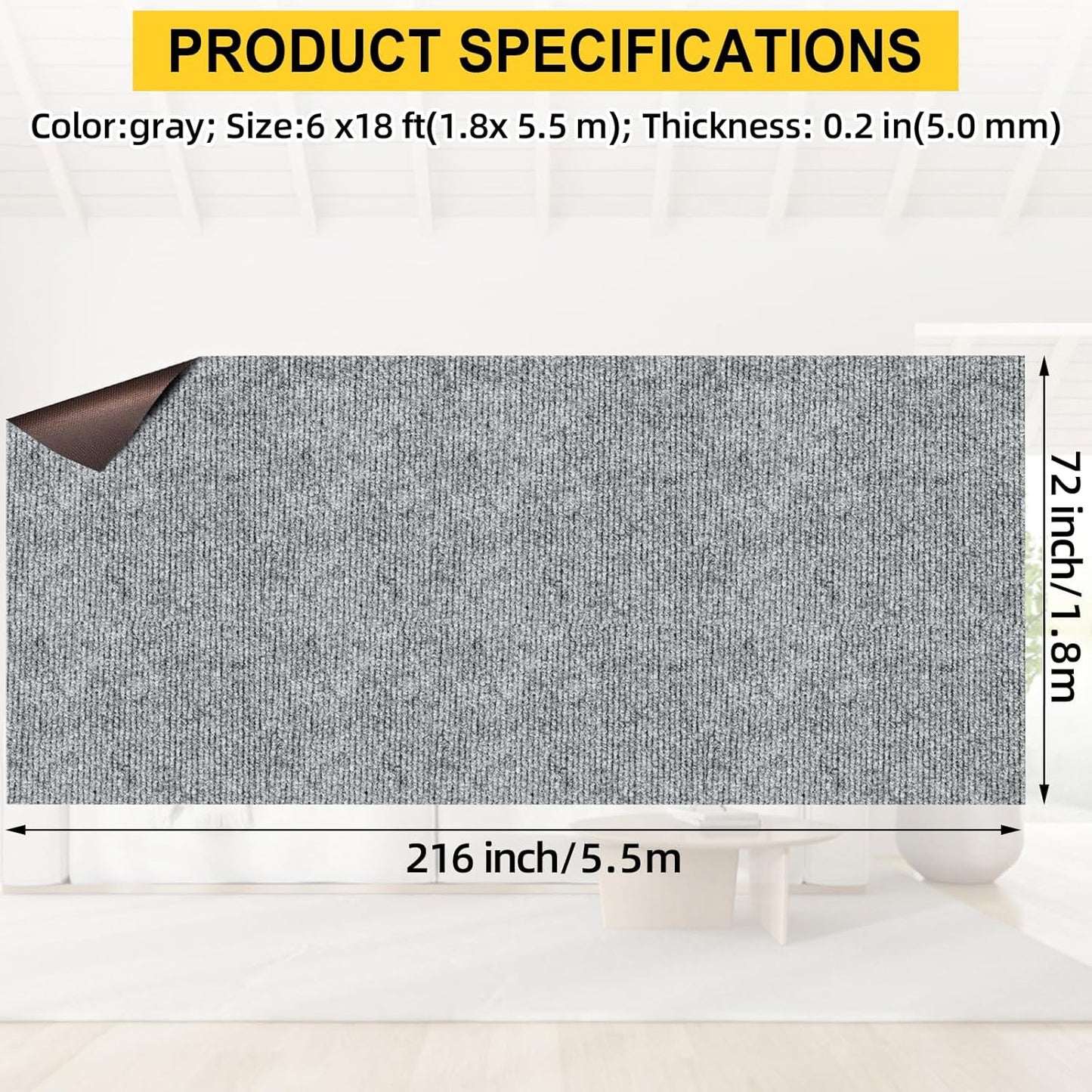Marine Carpet,6 FT x 18 FT Smoke Gray Indoor Outdoor Carpet 0.2" Thick Boat Carpet with Water-Proof TPE Backing, Non-Slide Outdoor Marine Carpet Roll for Home, Patio, Porch, Deck