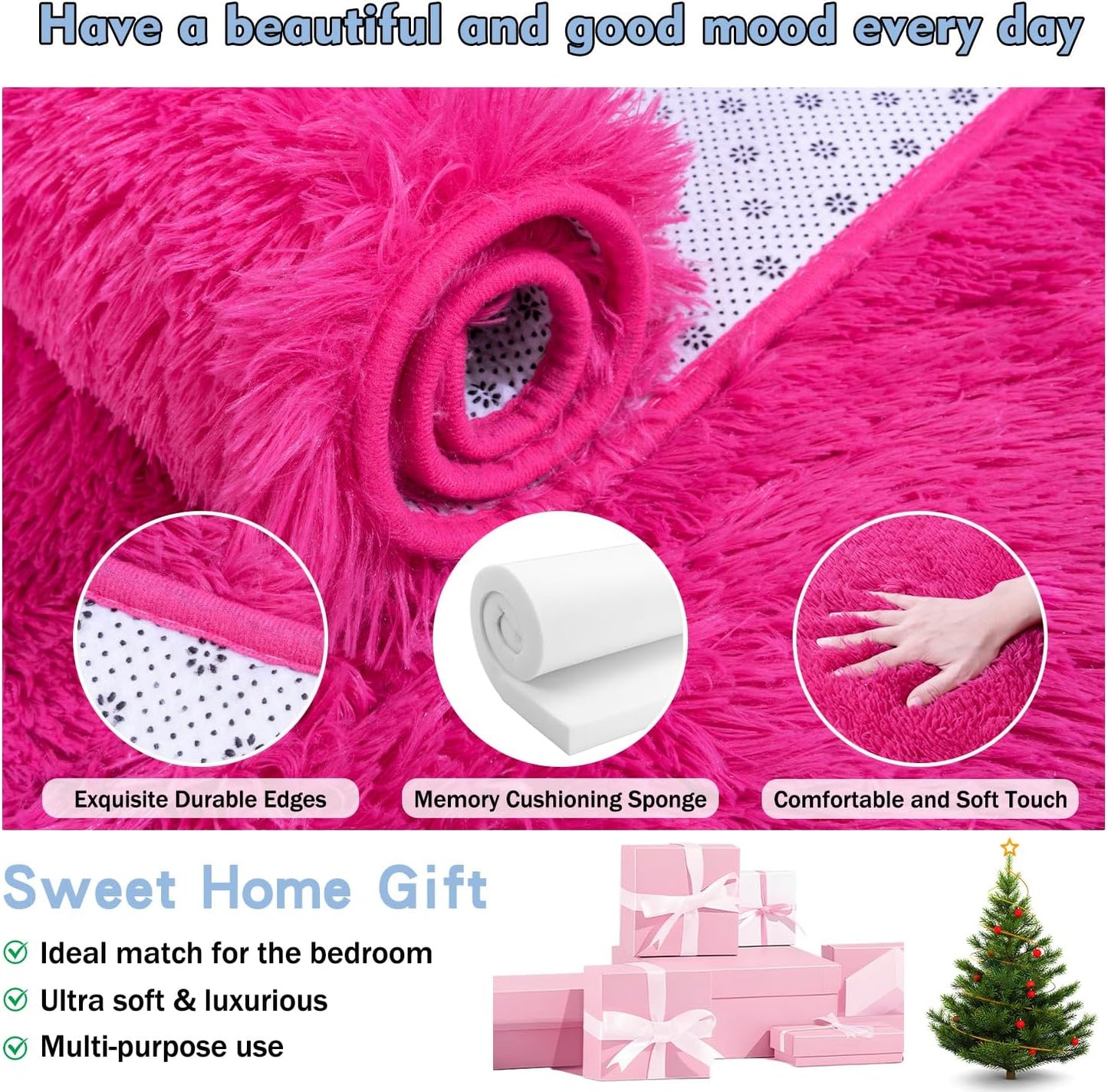 Rezutan Soft Fluffy Rug for Living Room Bedroom, Large Comfy Modern Shaggy Fuzzy Kids, Plush Indoor Nursery Classroom Home Decor Bedside Rug with Non-Slip Bottom, Hot Pink, 6 X 9 Feet