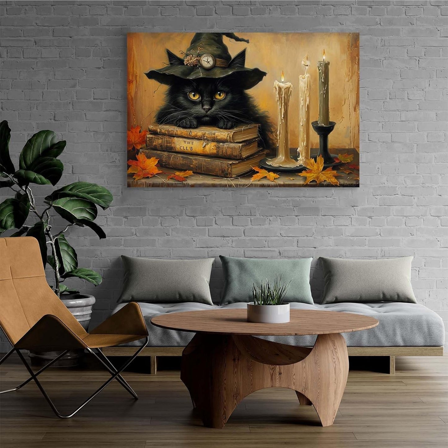 Vintage Halloween wall decoration black cat and magic book suitable for home bedroom living room decoration dark classic art witch wall decoration16x24in Wood Framed