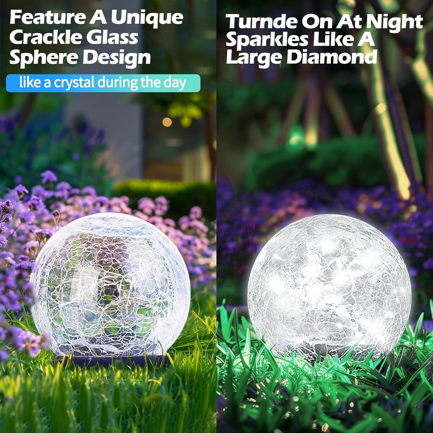 Garden Solar Ball Lights Outdoor Waterproof, 30 LED Cracked Glass Globe Solar Power Ground Lights for Path Yard Patio Lawn, Christmas Decoration Landscape White(2 Pack 3.9'')