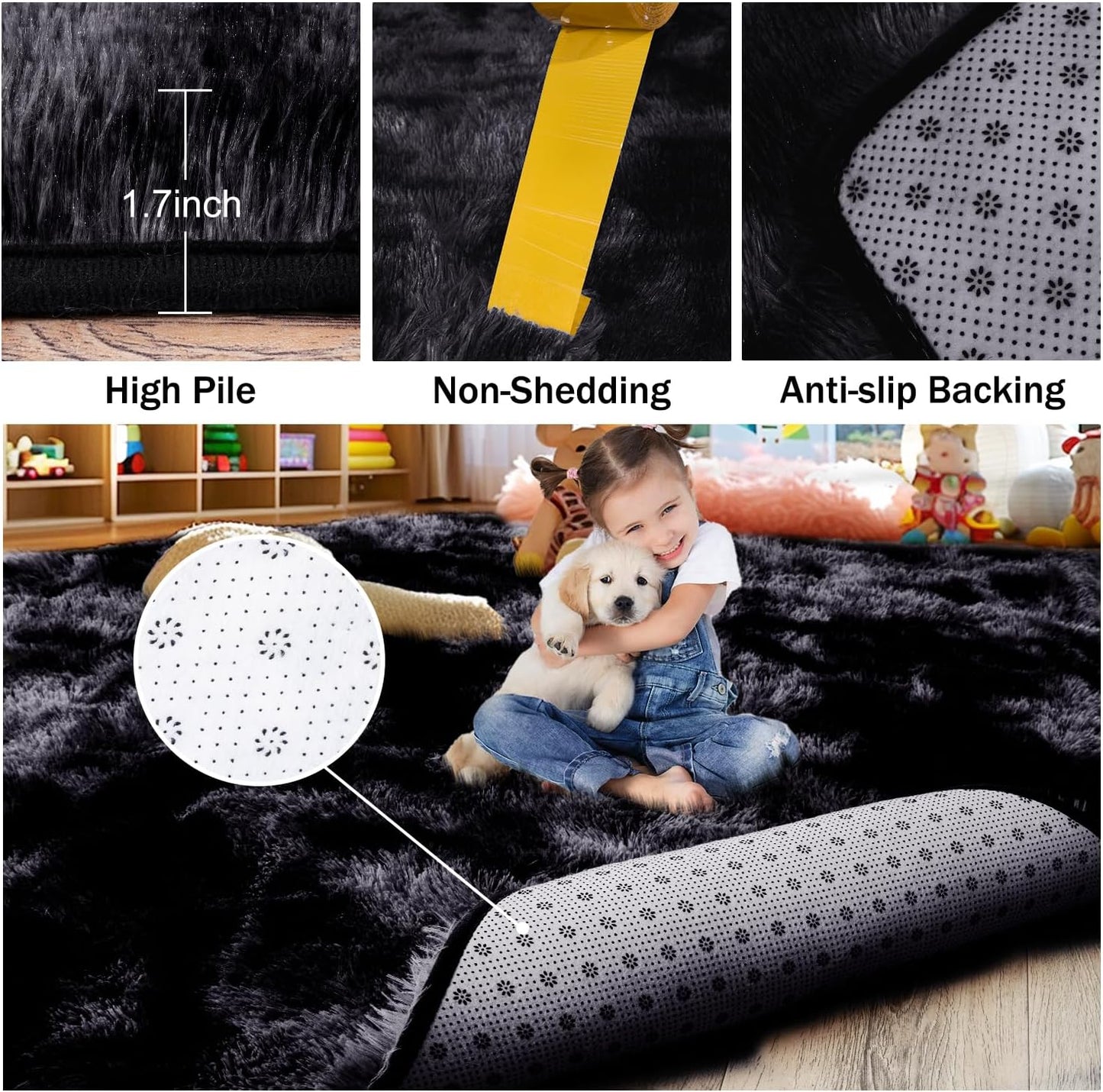 Rezutan Rugs for Living Room, Area Rug 6x9 Fluffy Rug Carpet, Soft Shaggy Modern Floor for Kids Boys Girls Bedroom, Plush Fuzzy Dorm,(Black Grey Tie-Dyed,6ft x 9ft)