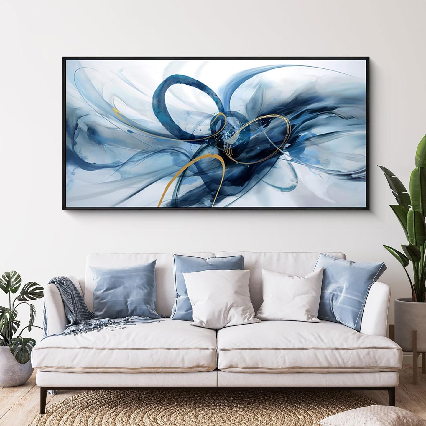 XLSJERST Frame Wall Art - Blue and White Picture for Living Room Modern Abstract Canvas Wall Decor Artwork for Office Bedroom Home Decoration