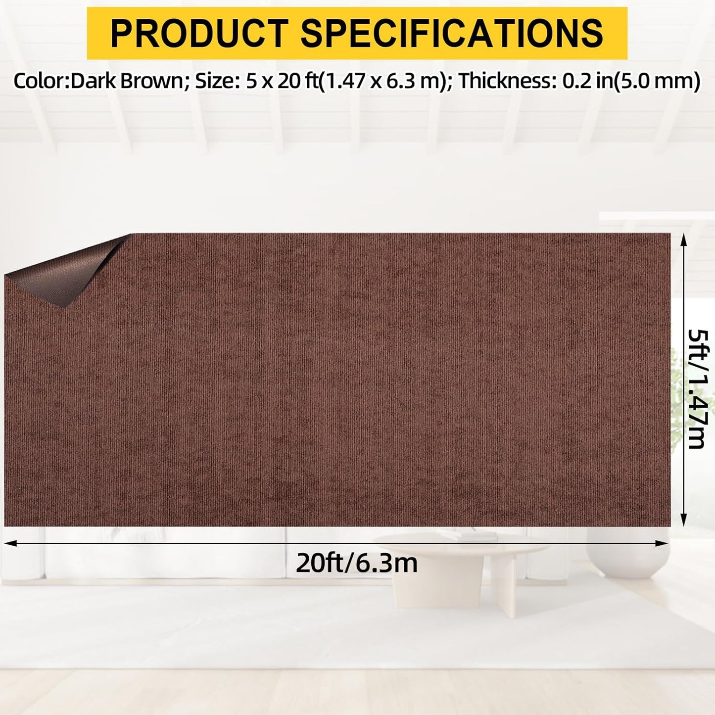 Marine Carpet,5 FT x 20 FT Brown Indoor Outdoor Carpet 0.2" Thick Boat Carpet with Water-Proof TPE Backing, Non-Slide Outdoor Marine Carpet Roll for Home, Patio, Porch, Deck