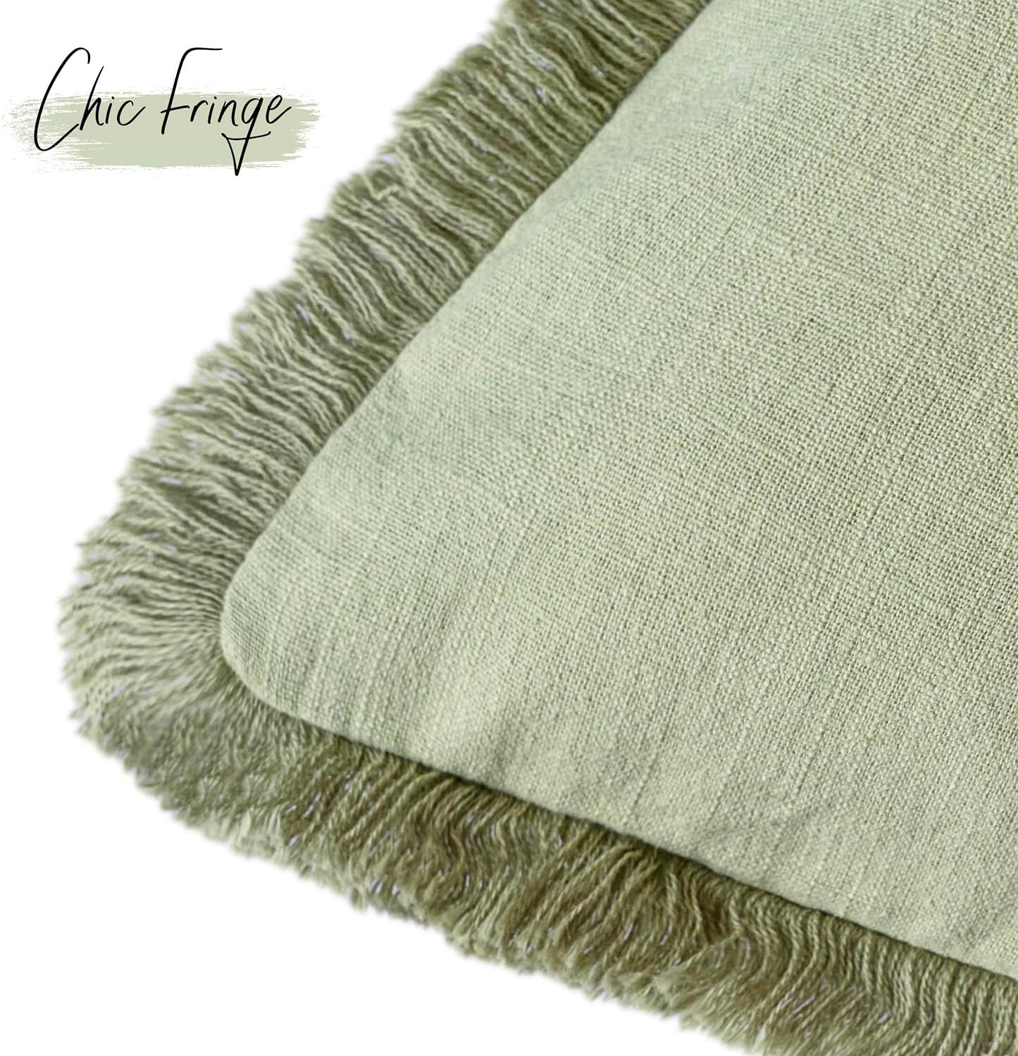 Foindtower Set of 2 Decorative Linen Fringe Throw Pillow Covers Cozy Boho Farmhouse Cushion Cover with Tassels Accent Pillowcase for Couch Sofa Bed Living Room Home Decor,26×26 Inch,Light Sage Green
