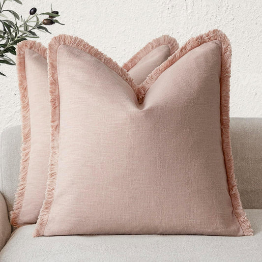 Foindtower Set of 2 Decorative Linen Fringe Throw Pillow Covers Cozy Boho Farmhouse Cushion Cover with Tassels Soft Accent Pillowcase for Couch Sofa Bed Living Room Home Decor,26×26 Inch,Light Pink