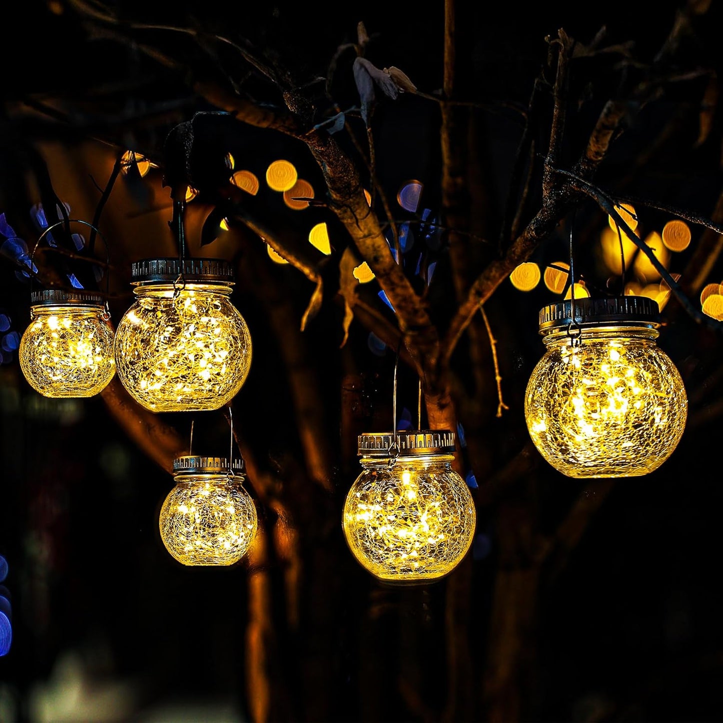 Cooo 2 Pack Crackle Glass Solar Lantern with 30 LED Firefly Lights– Waterproof Outdoor Hanging Lamp 215% Larger Solar Panel, Anti-Rust Lids Decorative Lighting for Garden Patio Table