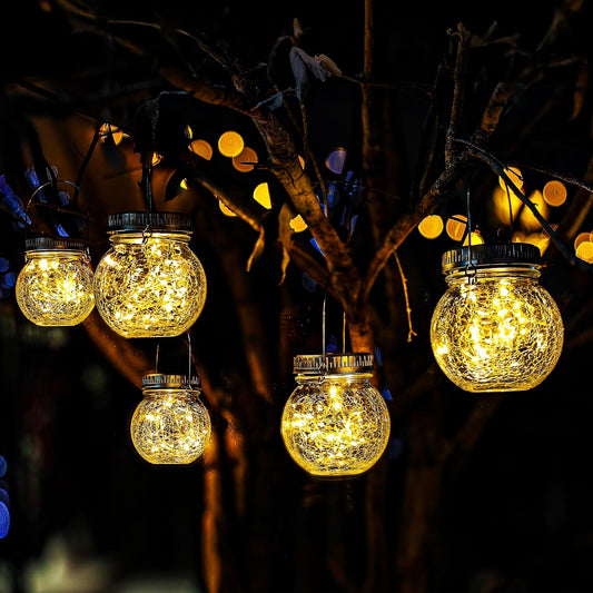 Cooo 2 Pack Crackle Glass Solar Lantern with 30 LED Firefly Lights– Waterproof Outdoor Hanging Lamp 215% Larger Solar Panel, Anti-Rust Lids Decorative Lighting for Garden Patio Table